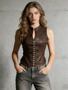 Vintage Stand Collar Single Button Slimming Leather Vest Jacket, Stylish Fitted Backless Design for Women, Perfect for Casual Wear