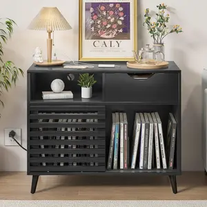 Large Record Player Stand, Vinyl Record Cabinet with Power Outlet Holds Up to 300 Albums, Turntable Stand Table, Fluted Sliding Door, Living Room Home Decor Vintage