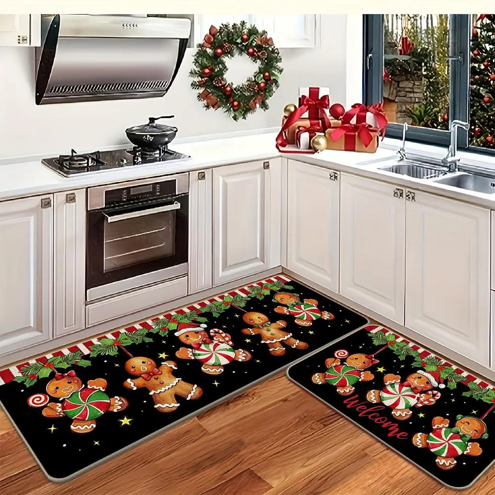 Christmas Themed Kitchen Mat, 2 Counts/set Non-slip Soft Kitchen Rug, Decorative Floor Mat for Home Kitchen Living Room Bedroom