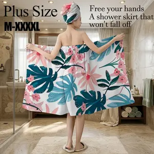 Plus Size M-XXXXL Tropical Floral & Leaf Print Bath Wrap Skirt & Hair Towel Set, Non-Slip Adjustable Shower Skirt for Bathroom, Spa, Summer Vacation, Beach Party