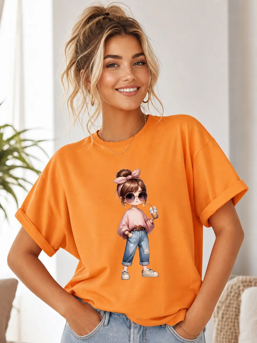Women's Cotton Casual Graphic T-Shirt - Short Sleeve, Messy Bun Coffee Girl Print, Comfortable Everyday Top, Stylish Fit, Pair with Jeans, Clothes, Style, T Shirts Women