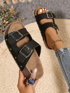 Women's Buckle Decorated Footbed Sandals, Trending Sandals, Casual Trendy Sandals, Fashion Summer New Thick Sole Platform Flatform Slippers, Comfortable and Stylish, Perfect Summer Shoe Choice