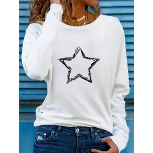 Women's Casual Cotton Long Sleeve T-Shirt with Geometric Star Applique - Medium Stretch Round Neck Pullover, Machine Washable Fall Fashion Top, Ladies T Shirts, Everyday Pullover, Relaxed Fit Tee,Plus Size