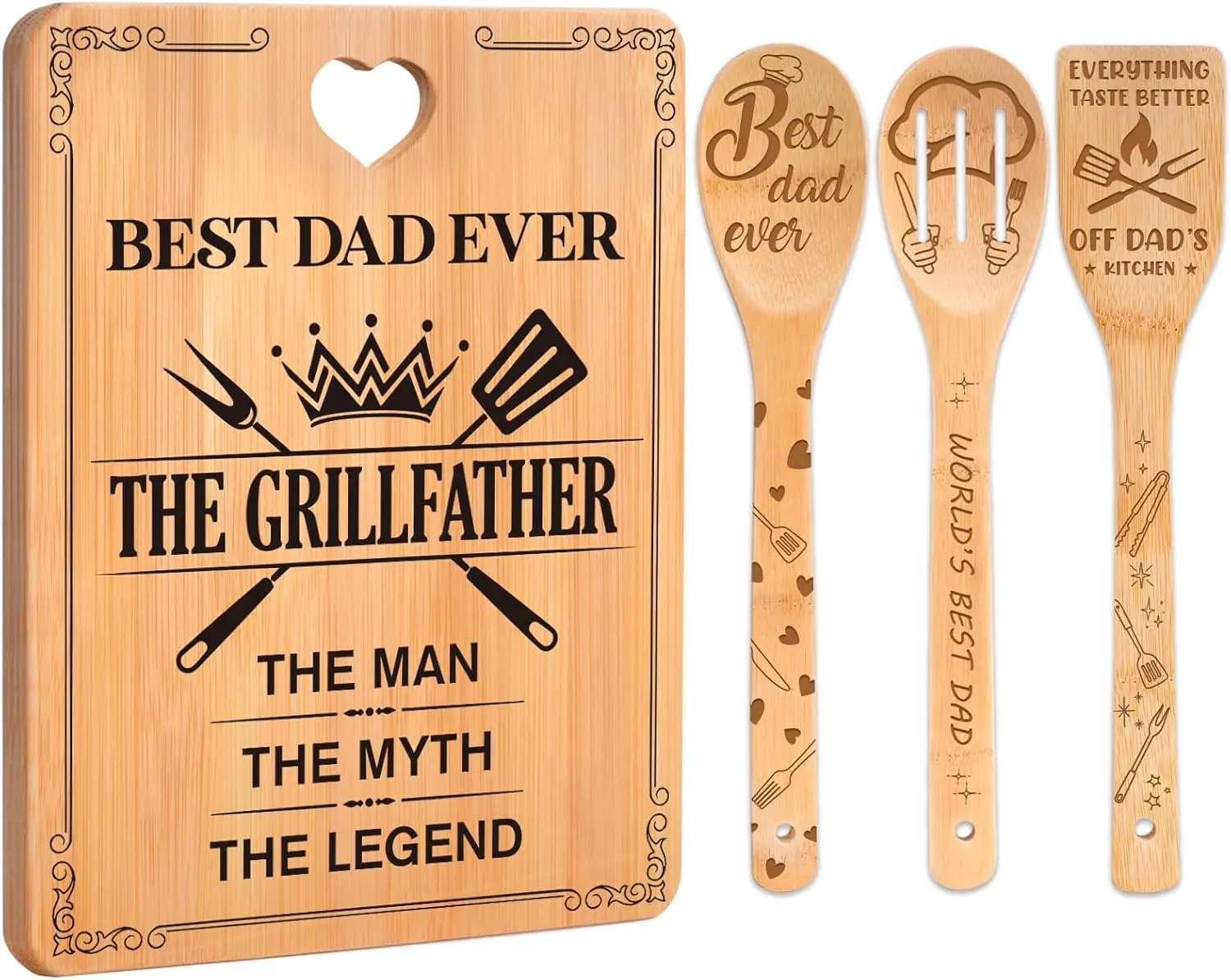 Dad Christmas Gifts - "The Grill Father" Birthday Gifts for Dad Cutting Board Set, Bamboo-Made Engraved Utensil Set Dad Gifts, Birthday/Christmas Gifts for Dad, Father, Papa