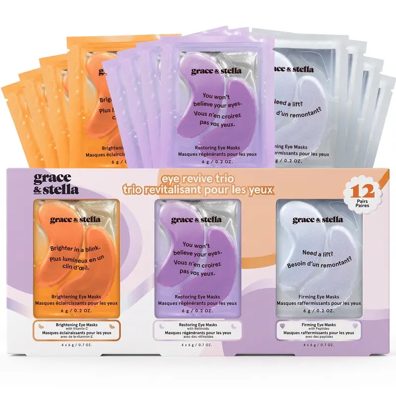 Under Eye Mask Gift Set – 12 Pairs for Dark Circles, Puffy Eyes Hydrating, Firming, Restoring Purple, Orange & White Trio Skincare by grace & stella