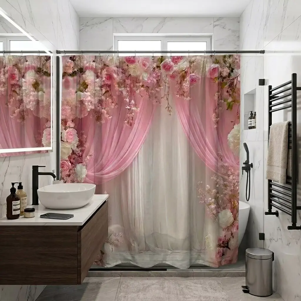 1/4pcs  Valentine Series Rose Shower Curtain Set, Non-Slip Mat, U-Shaped Rug, Toilet Lid Cover, Bathroom Decoration Accessories, Includes 12 Hooks, Home Goods