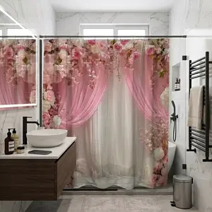 1/4pcs  Valentine Series Rose Shower Curtain Set, Non-Slip Mat, U-Shaped Rug, Toilet Lid Cover, Bathroom Decoration Accessories, Includes 12 Hooks, Home Goods