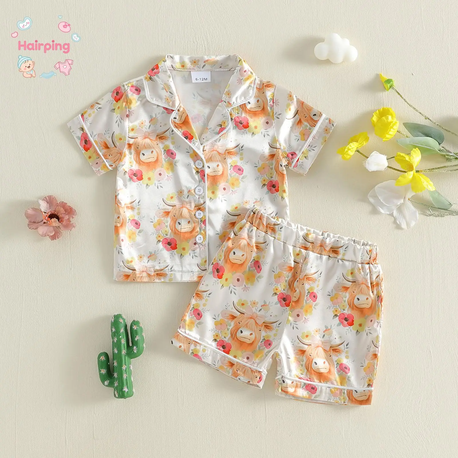 Toddler Girl Highland Cow Pajama Set, Short Sleeve Button Down Shirt + Shorts, Floral Cow Print Satin Sleepwear, Soft Loungewear PJs for Kids, Cute Gift for Birthday Daily Wear