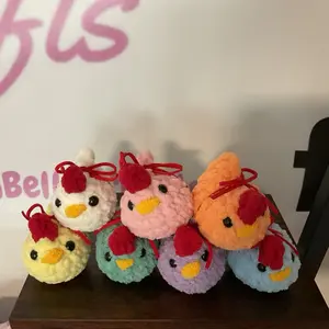 Custom!! 7 crochet mini pastel chickens with red bows handmade