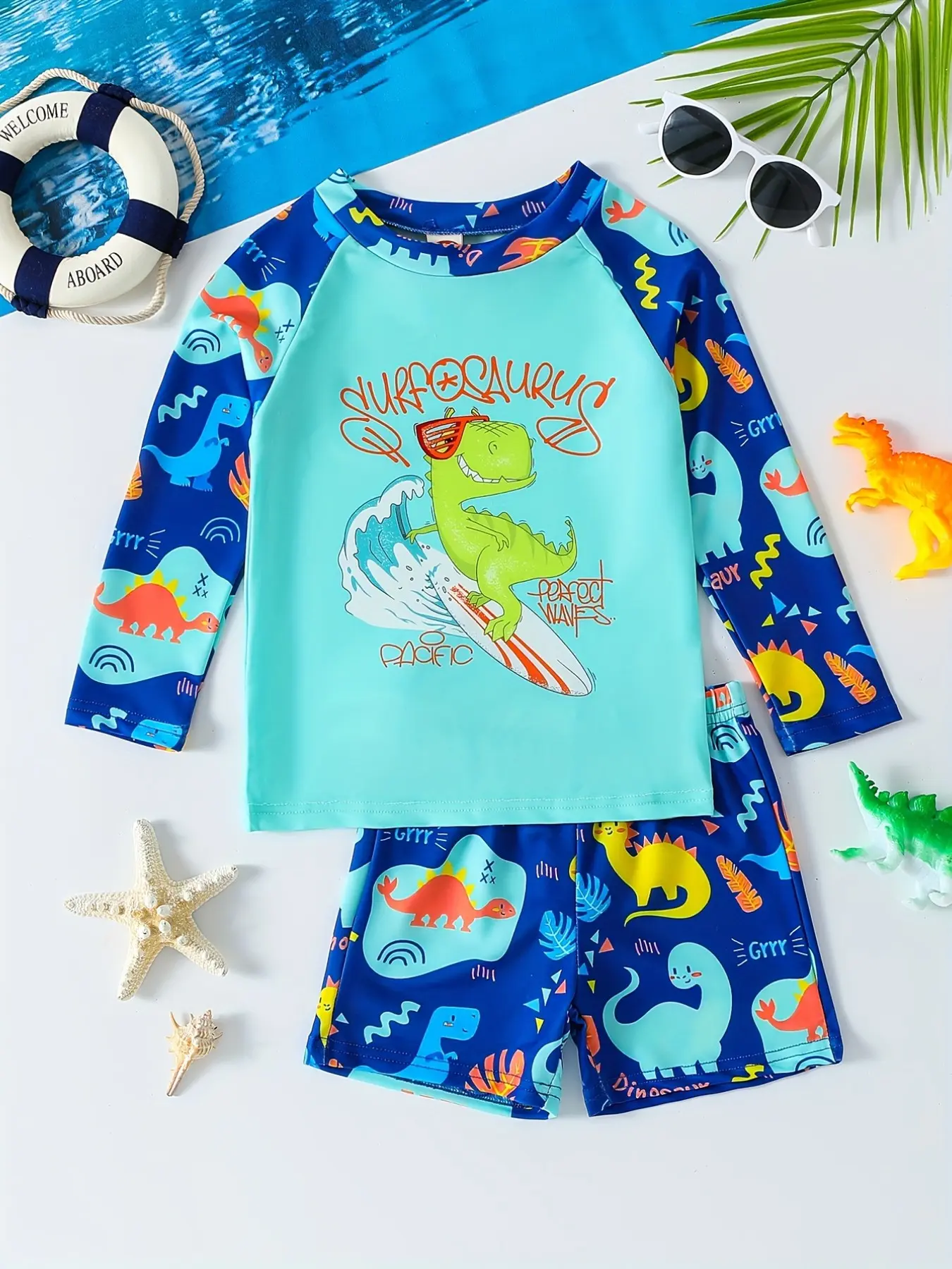 Children Dinosaur Print Sun Protection Swimwear Set, Childrens Swimwear, Long Sleeve One-Piece, Unisex Kids Swimming Suit, Summer Baby Swimsuit, Dinosaur Printed Swimsuit