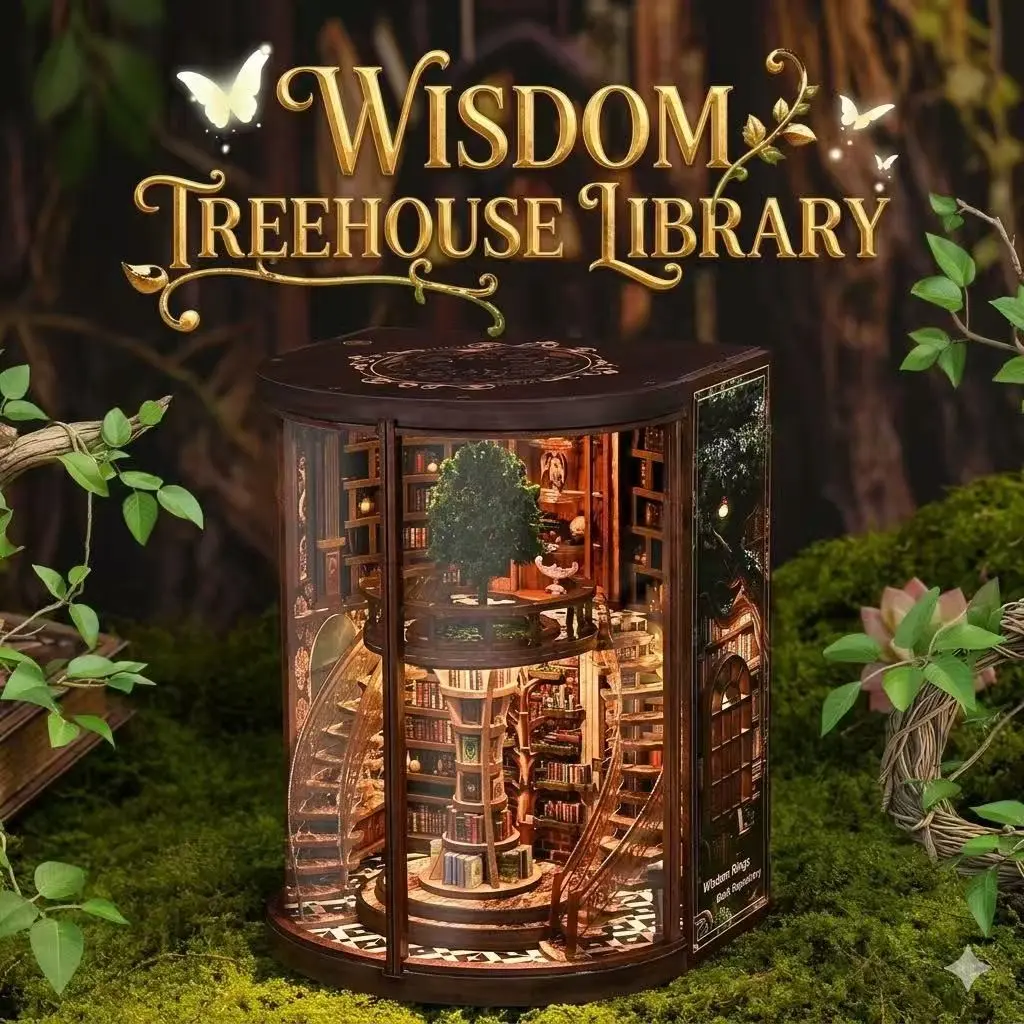 DIY Book Nook Kit - Wisdom Rings Art Miniature House Model with LED Light & Dust Cover, Dark Academia Wooden Puzzle Bookend, Creative Gift for Adults & Teens (Treehouse Library)