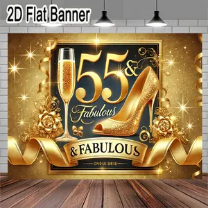 2D flat banner, 1pc55 & Fabulous 55th Anniversary Celebration Invitation Card with Champagne Flute and Glittering High-Heeled Shoe, Festive Golden Design for Milestone Birthday Party Decorations, Luxurious Golden Ribbons and Flowers Theme