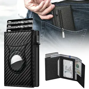 Men Slim Genuine Leather Wallet RFID Blocking Pop Up Card Holder With AirTag Slot Carbon Fiber Purse