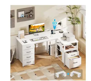 55 inch Computer Desk with 5 Drawers and File Cabinet for Storage, Office Desk with Storage Shelf & Power Outlets, Home Office Desks, White