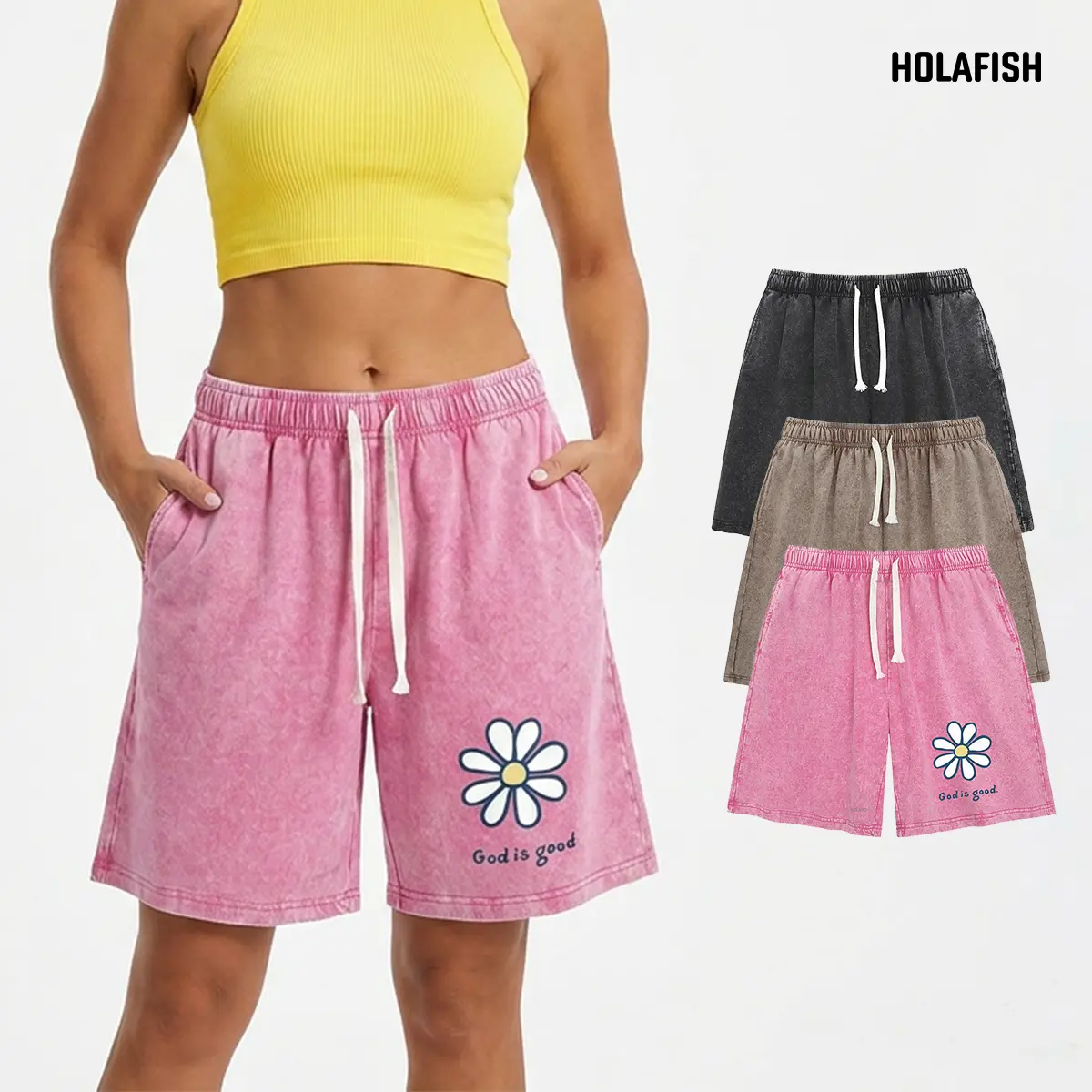 Holafish Women's Vintage Acid Wash Shorts, Heavyweight Cotton Streetwear with Flower Print, Unisex Relaxed Fit with Elastic Waist, Vibe, Flat, Piece, Comfortable, Casual, Halloween, Retro, Cotton Blend