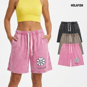 Holafish Womens Acid Washed Shorts God Is Good With Small Flower Print Summer Essential Streetwear Comfy Relaxed Fit Perfect for Outdoor Daily Lounging Vacation Summervibes