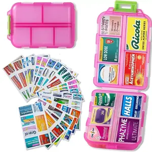 Travel Pill Organizer Box with 146 Labels, 10 Compartment Small Pill Case Medicine Kit, Portable Pocket Purse Pharmacy, Daily Weekly Vitamin Supplement Medication Holder