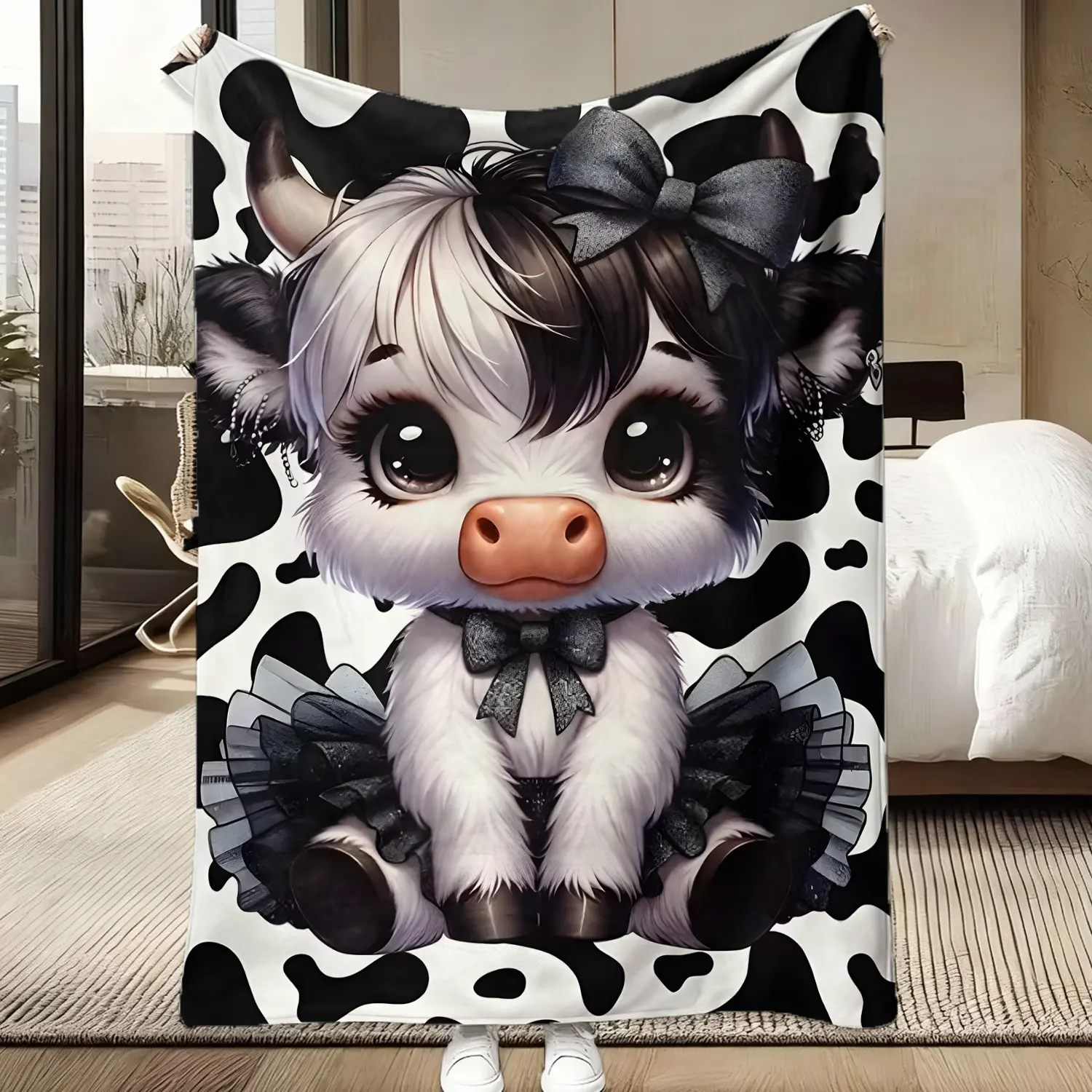 Cute Gothic Cow Throw Blanket, Black & White Cow Print with Bow & Tutu, Ultra Soft Flannel, Cozy Blanket for Girls, Perfect Gift for Cow Lovers