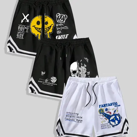 Men's Regular Fit Graphic Print Contrast Trim Drawstring Waist Shorts, Casual Comfy Breathable Shorts for Summer, Men's Bottoms for Daily Wear, Breathable Printed Shorts