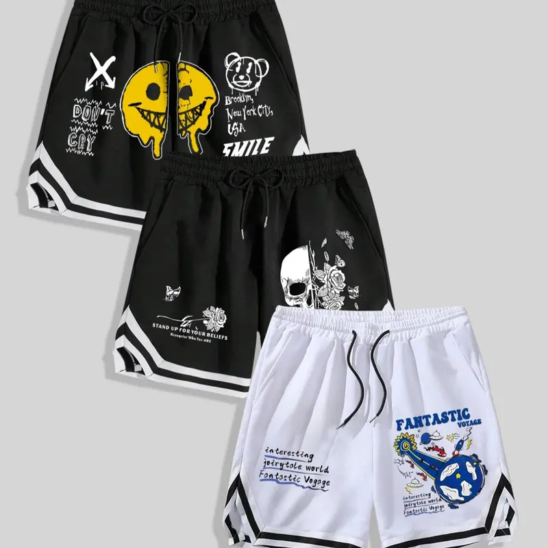Men's Regular Fit Graphic Print Contrast Trim Drawstring Waist Shorts, Casual Comfy Breathable Shorts for Summer, Men's Bottoms for Daily Wear, Breathable Printed Shorts