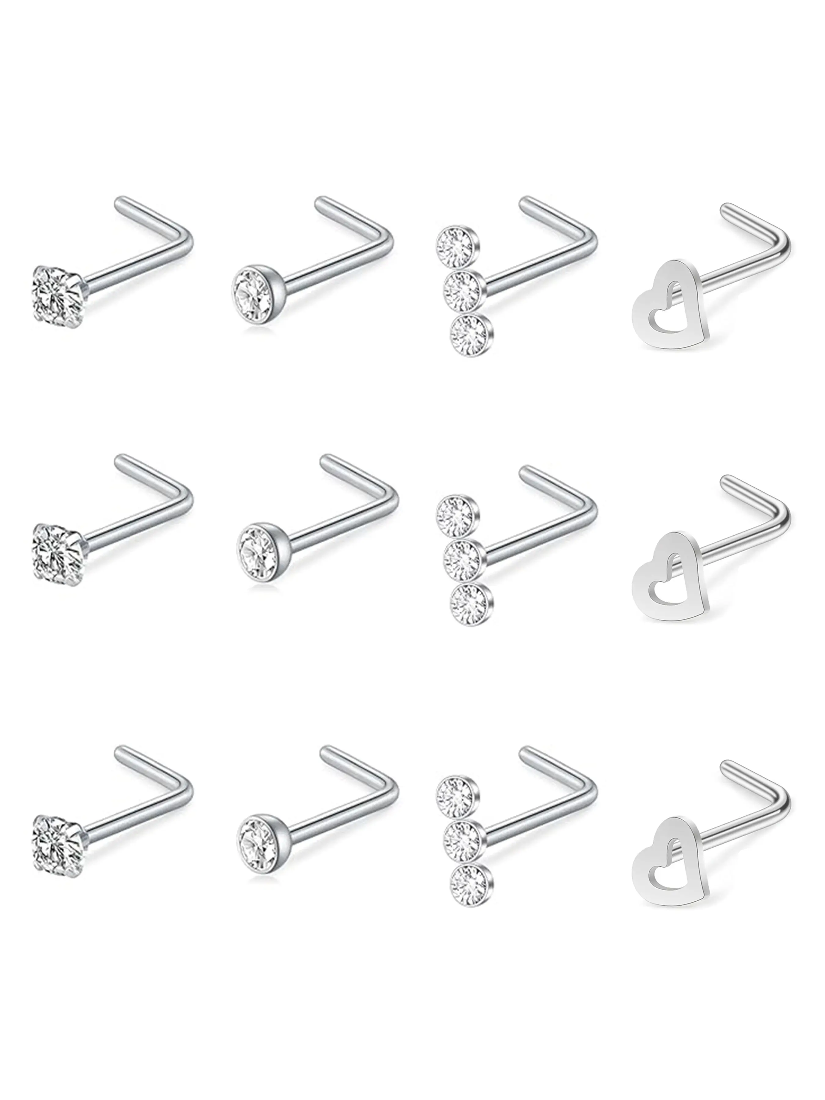 12Pcs 20G Nose Studs  for women Hypoallergenic Surgical Steel Nose Rings, L-Shaped Corkscrew Nose Piercings Jewelry Set for Women Men