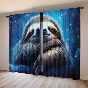Cute Sloth Starry Sky Curtains Set, Half-Blackout Polyester Fabric, Soft Textured, Living Room & Bedroom Decor, Window Curtain