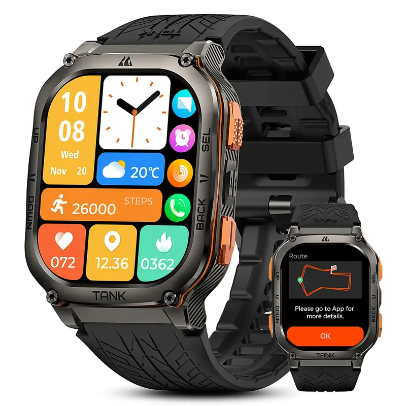 KOSPET TANK M3 Ultra Steel Sports Smartwatch for Men - Android & iOS Compatible, 1.96in AMOLED Touch Screen, 60-Day Battery Life, 5ATM/50M Waterproof, GPS Calls, Calorie Tracker, Altimeter, Barometer, Music Player, Black Adult Gift