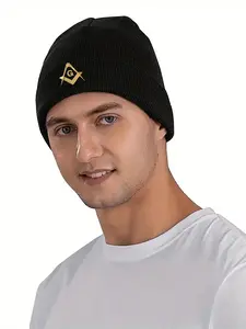 Navy Blue Knitted Winter Beanie Hat with Gold Freemason Square and Compass Emblem  Warm Outdoor Cold Weather Headwear for Men and Women  Ideal Gift for Christmas  New Year  Thanksgiving  and Special Occasions in Winter Season