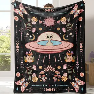 Ultra-Soft Double-Sided Modern Heat Print Alien & Flower Pattern Thick Flannel Throw Blanket - 1-Count with Storage Bag, Alien Print Bedding for Home Napping, Warmth Boost Mother's Day Gift