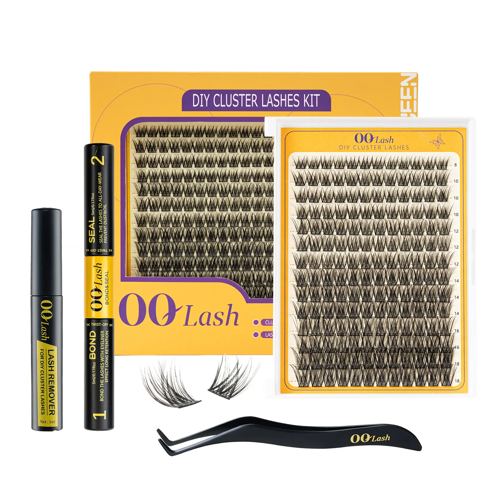 OQ Lash 16K-D Curl DIY Eyelash Extension Kit Waterproof and Long lasting Makeup For Girl Bond and Seal Eyelash Glue and Lash Remover Beginner Friendly Individual Lashes