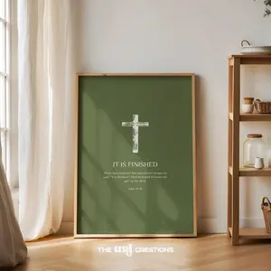 Sage Green Christian Wall Art Poster No Frame, It Is Finished Bible Verse Wall Art Print, Easter Scripture Print, Jesus Cross Artwork, Easter Home Decor