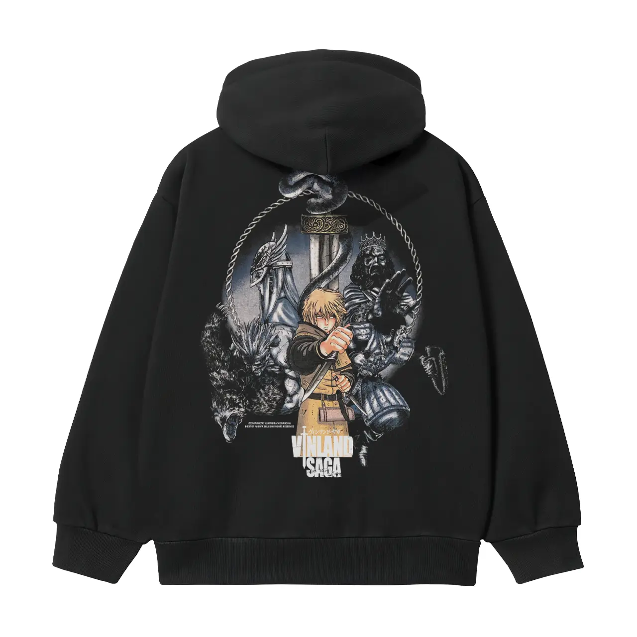 Men's Vinland Saga Thorfinn Graphic Print Hoodie, Heavyweight Vintage Cotton Blend Longsleeves Pullover, Casual Biker Black Slogan Crewneck Menswear Top