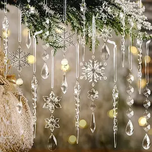 18Pcs Christmas Tree Decoration Crystal Ornaments - Hanging Acrylic Christmas Snowflake Icicle Drop Crystal Ornaments for Christmas Tree Winter New Year Party Supplies OuMuaMua