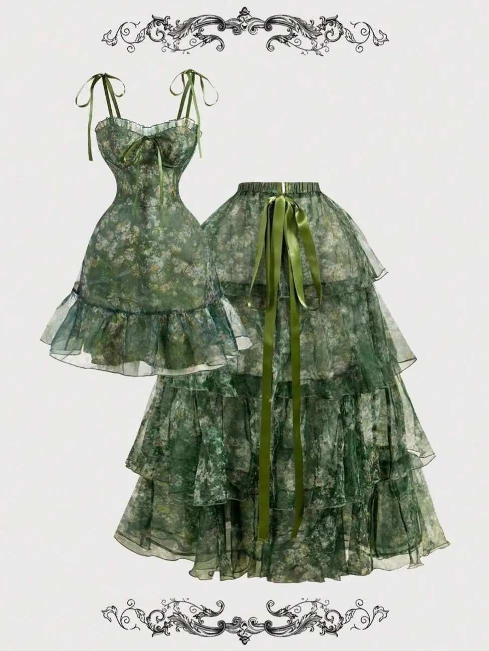Vintage Oil Painting Floral 2in1 Dress Detachable Skirt Palace Style Summer Party Dress