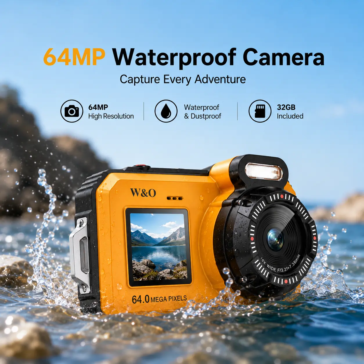 64MP Waterproof Digital Camera with Dual Screen, 2.8" Front & 1.4" Rear Display, Autofocus Outdoor Camera with 32GB Card, Rugged Dustproof Point and Shoot Camera for Travel, Hiking, Camping, Snorkeling, Beach, Vlogging & Outdoor Sports