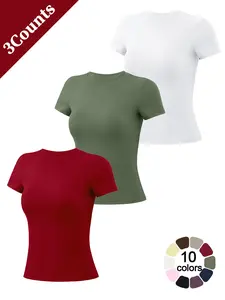 New Women Short Sleeve Sports T Shirt Soft Comfortable Solid Color Sporty Crew Neck High Elastic Slim Fit Pilates Yoga Wear Gym Outdoor Running Breathable Training Wear Beach Casual Top Daily Versatile Sports Short Sleeve