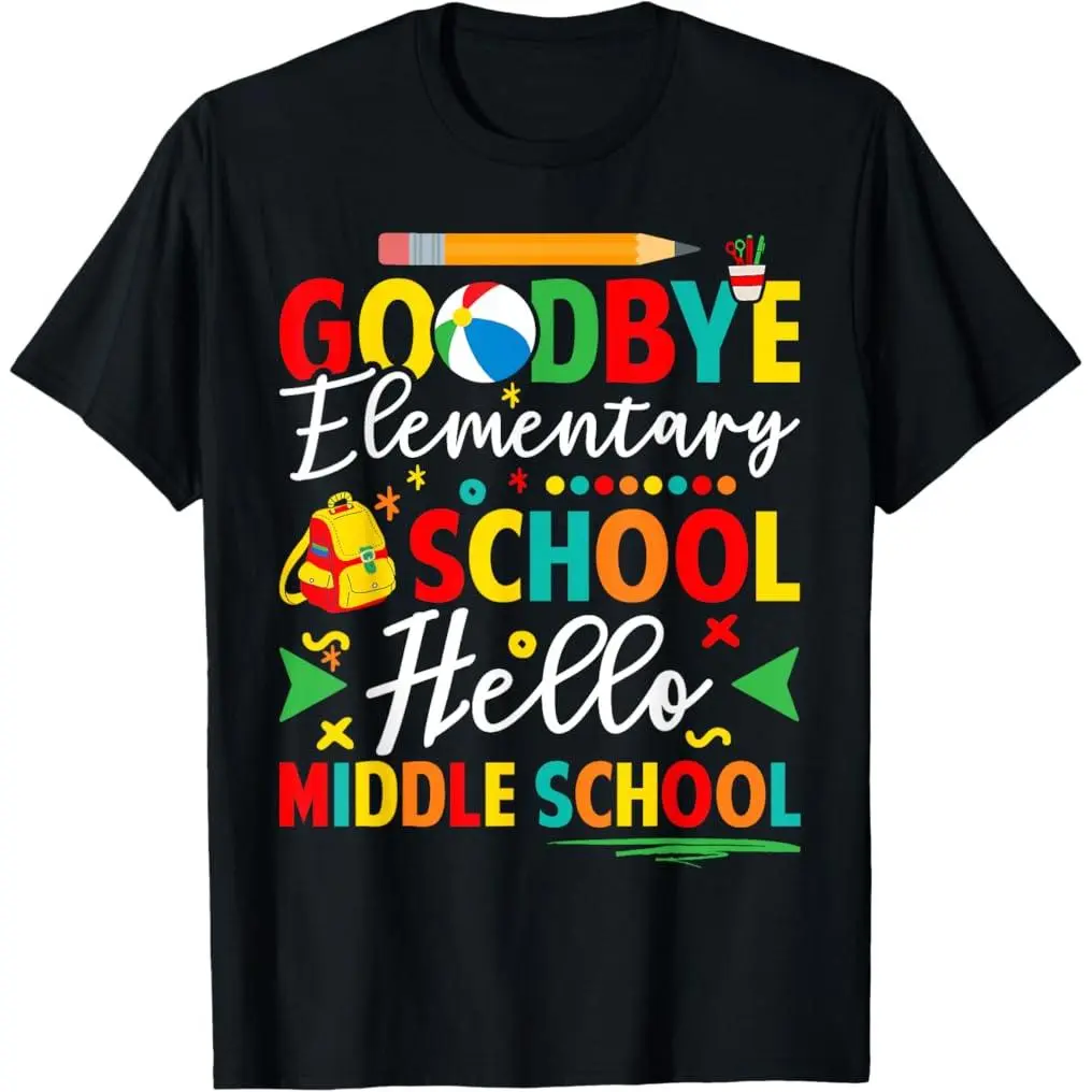 Men's Casual Streetwear Graduation Tee - 100% Cotton Short Sleeve Round Neck Regular Fit Breathable School Theme Top with Funny 'Goodbye Elementary School' Graphic