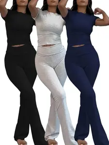Women's Solid Loungewear Set, Casual Short Sleeve Crop Top & High Waist Flare Leg Pants, Ladies Sleepwear for All Seasons, Pajamas Sets Women, Sleep Sets, Womenswear, Minimalist Homewear, Summer Loungewear