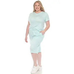 212 MAIN Women's Plus Size Soft Elastic Basic Knit Capri Pajama Set - Short-Sleeve Breathable Adjustable Turquoise Top, Pockets Pants, 3X Loungewear Nightwear