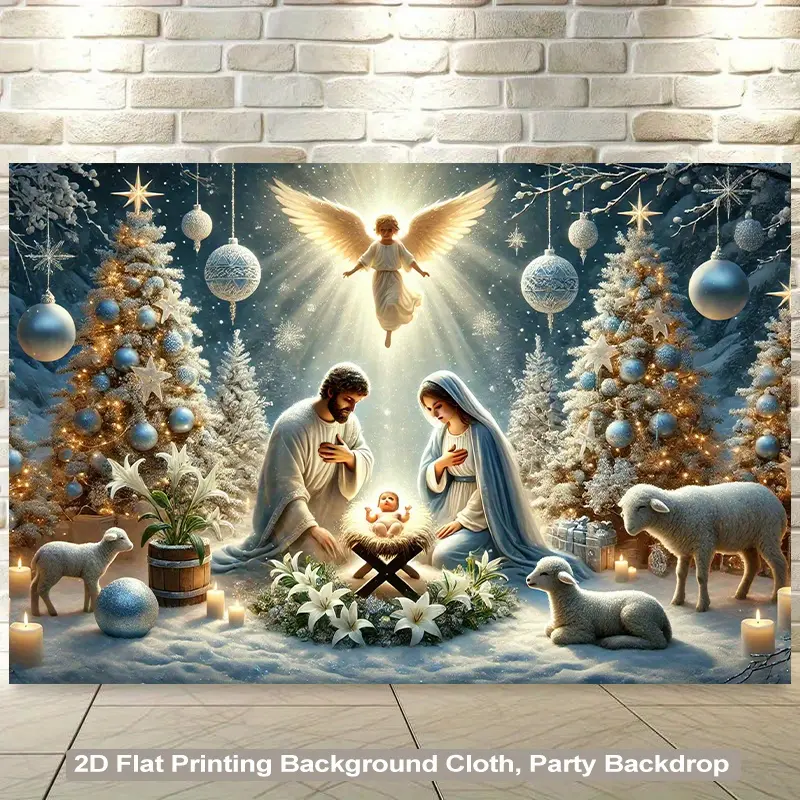 1PC 2D Flat Christmas Nativity Scene Backdrop - Silent Night Scene with Mary, Joseph, Jesus & Angels, No Electricity Needed, Easy-Hang Wallpaper-like Decor for Home/Church/Office/Party, Durable Polyester Holiday Decor Banners White Ornaments