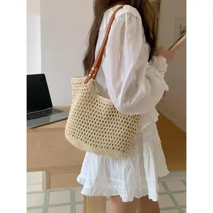 Women's Solid Color Crochet Shoulder Bag, Large Capacity Boho Straw Bag, Casual Trendy Versatile High-quality Daily Commuting Bag, Girl Fashionable Shopping Bag