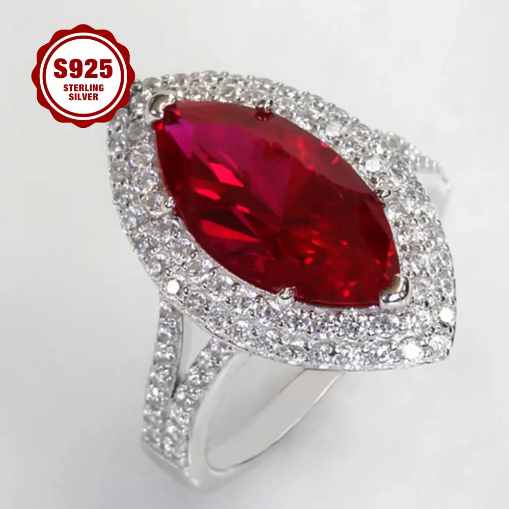 Women's 925 Sterling Silver Engagement Ring - Pear-Shaped Ruby-Imitating Zircon, Halo Design, Ideal for Weddings, Valentine's Day Gifts, Engagement Rings