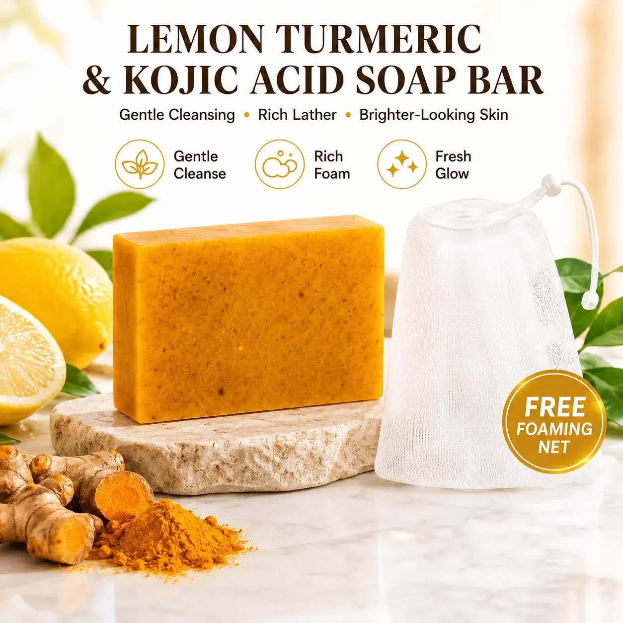 Turmeric-Kojic Acid  Bar for Face & Body, Turmeric Blend Daily Brightening Cleanser with Foam Net, Hydrating Acne Cleanser for Smoother Radiant Skin, Knees/Back Friendly Rinse-Off for Normal Skin (Beauty & Personal Care Bath Product), Tumeric Bar