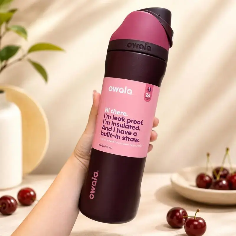 Owala FreeSip Water Bottle 24oz-32oz Black Cherry Red – Leak Proof Insulated Stainless Steel Tumbler with Built-In Straw