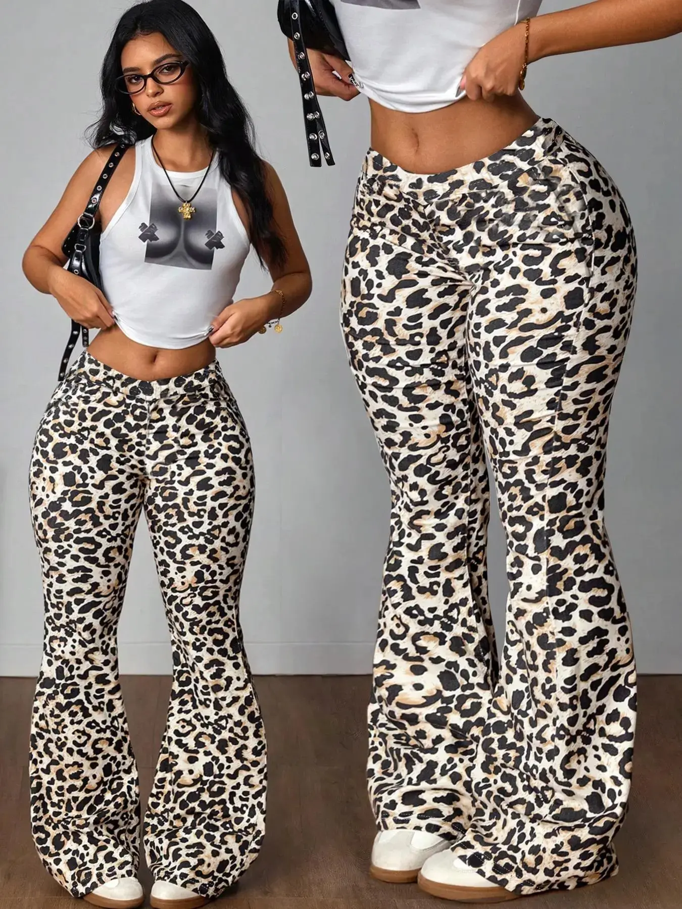 Women's Leopard Print Flare Leg Sweatpants, Casual Comfy Bell Bottom Trousers for Daily Wear, Ladies Bottoms for Spring & Fall, Casual Chic Bottoms, Casual Fitted Bottoms, Casual Trendy Versatile, Casual Style Bottoms