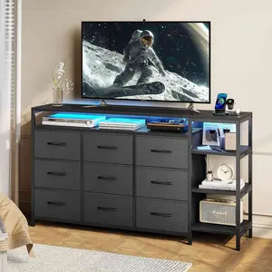 Sikaic 60 Inches LED TV Stand with Charging Station and 9 PU & Fabric Drawers Black Furniture Living Room Modern Organization Storage Shelf Organizer Organizing Design
