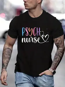 100% cotton Psych Nurse Nurses Psychiatry Nursing Psychiatric Nurse Printed T-shirt, Short-sleeved Crew Neck Casual Top, Suitable For All Seasons, Men's Wear