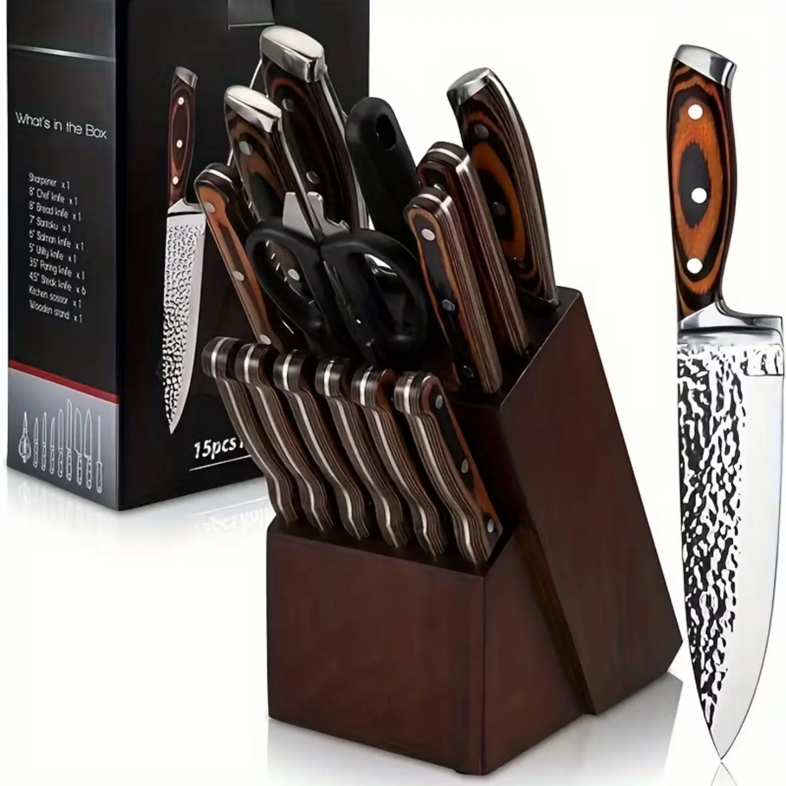 Professional 15-Piece Kitchen Knife Set – Hammered-Textured Stainless Steel Blades, Ergonomic Pakka Wood Handles, with Storage Block and Scissors Sharpener for Home Chefs