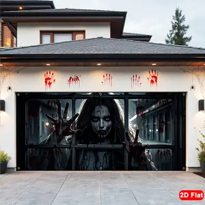 Halloween Garage Banner with Scary Ghost Print, Durable Polyester Material, Perfect for Garage Doors and Halloween Parties
