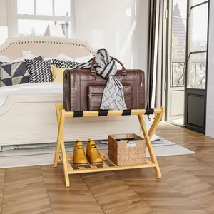 Fully Assembled Bamboo Luggage Rack with Shelf – Foldable Suitcase Organiser for Bedroom, Guest Room, or Hotel, 5 Nylon Straps (Natural Finish)